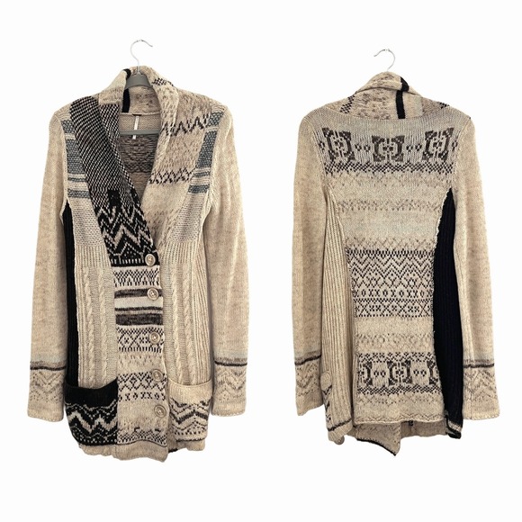 Free People Boho Western Patchwork Chunky Cardigan Sweater Knit Cream Brown S - Picture 1 of 8